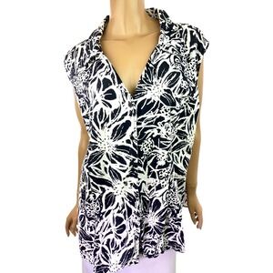 Cato Blouse Top Size 26/28 Black & White Floral Cap Sleeve Linen/Cotton Collared